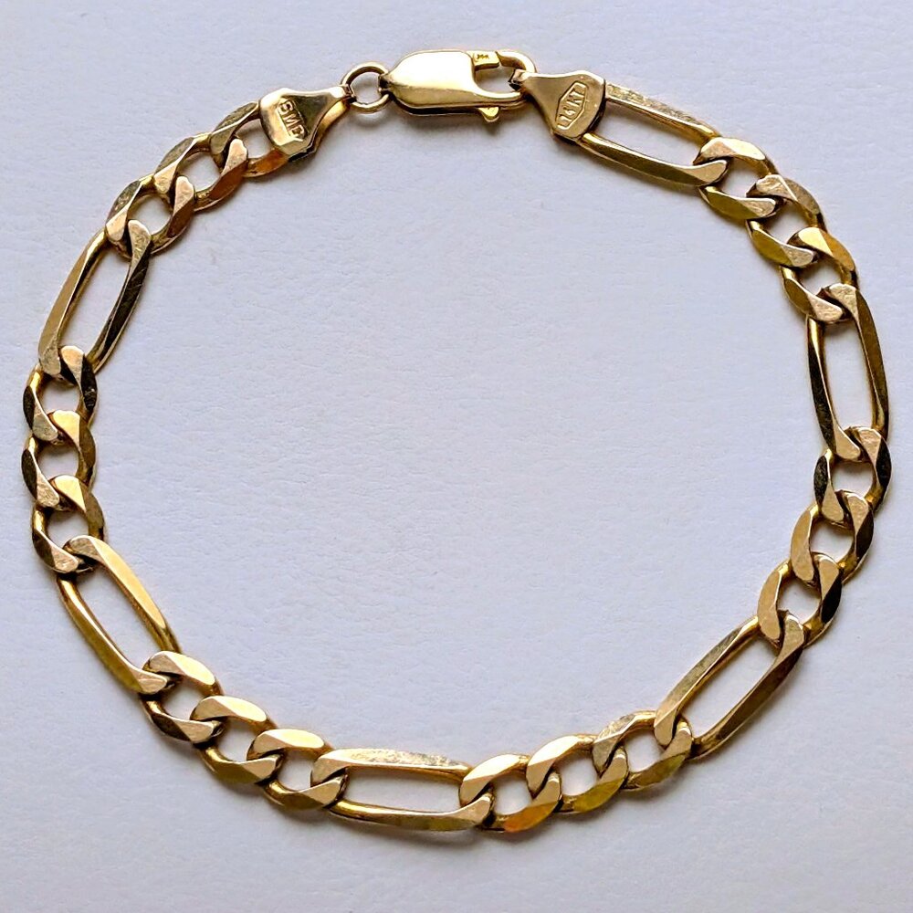 Vintage Italy Designer Unisex Solid 14K Yellow Gold Figaro Link Chain Bracelet
